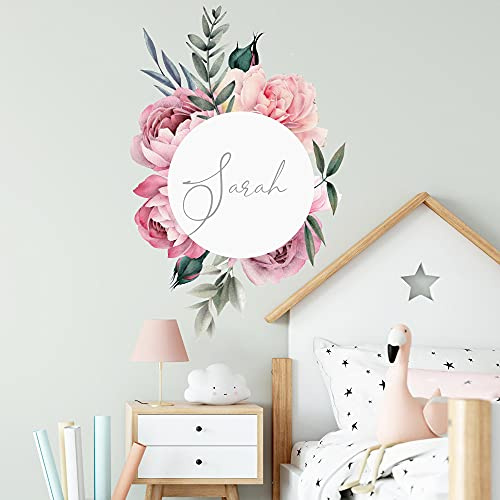Rose im Kranz mit WUNSCHNAME V297 Wandtattoo personalisierbar Aufkleber Sticker Kinderzimmer Namensaufkleber Name Wunschnamen Türaufkleber (60 x 93 cm)