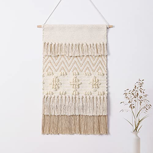Dremisland Makramee gewebte Wandbehang Heimdekoration böhmische beige geometrische Wellen Kunst Dekor mit Wollkugel und Quaste, elegante Wohnung, Schlafzimmer, Dekoration, 41.9 cm B x 55.9 cm L