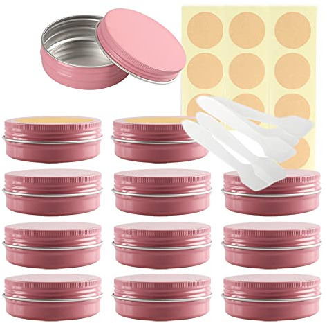 LusDoly Pack of 100 Empty 60ml Pink Aluminium Tins with Lids - Ø68x25mm Round Aluminum Screw Pots Travel Round Cosmetic Cream Container Jars for Candle Lip Balm, Salve with Spatulas & Labels