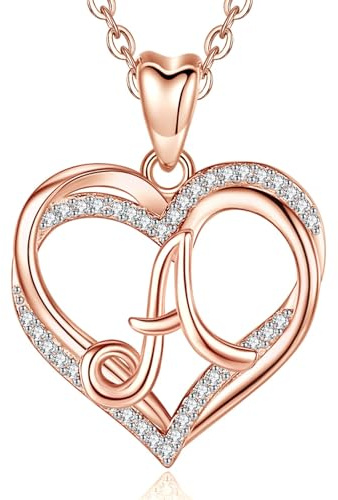 INFUSEU A Necklace Pendant Letter A-Z Alphabet Capital Jewelry Double Heart Initial Necklaces Rose Gold Cubic Zirconia CZ Gifts for Women Couple, 20 Inch Chain