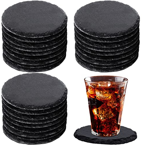 50 Pieces Round Slate Coasters Bulk 4 x 4 Inch Stone Cup Coasters Black Laser Engraving Blanks with Anti-Scratch Bottom for Kitchen Drinks Table Bar Home