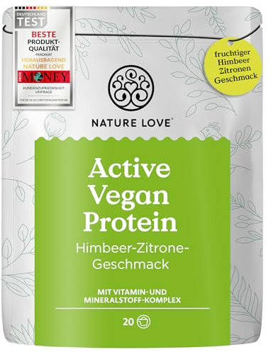 NATURE LOVE® Proteine Vegane Attive Lampone-Limone - 600 g - polvere proteica vegana con complesso vitaminico e minerale - proteine in polvere senza zuccheri aggiunti - vegane, testate in laboratorio