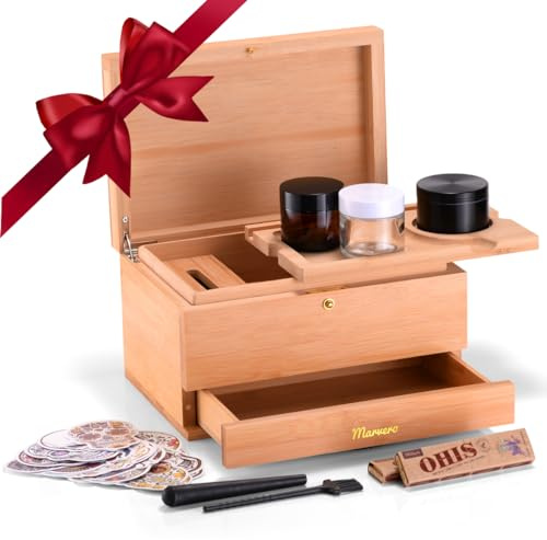 Marvero Large Bamboo Stash Box with Rolling Tray | Magnetic Accessory Drawer, 2 Odor-proof Containers, Storage Tube with Cleaning Brush, Phone Holder,Paper Dispenser and Grind.