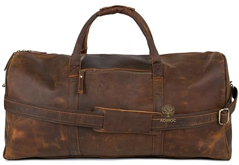 AGIROC Reisetasche aus Leder für Damen und Herren, Vollnarbenleder, Übernachtung, Wochenende, Ledertaschen, Sport, Fitnessstudio,Unisex, Braun Groß 61x25x25