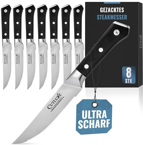 Cutluxe Steakmesser Set 8 Teilig – Messerset mit Wellenschliff – Steakbesteck aus Geschmiedetem Deutschem Kohlenstoffstahl, Voller Erl, Ergonomisches Griffdesign – Artisan Serie