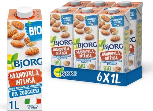 BJORG Bevanda Mandorla Intensa Biologica 0% Zuccheri 6x1L | Bevanda vegetale, senza glutine, senza zuccheri, mandorle italiane, basso contenuto di grassi, prodotto in Italia, bio, vegan