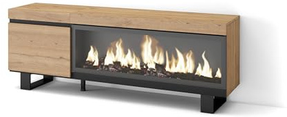 Skraut Home | TV-Schrank, Lowboard | für Wohnzimmer und Esszimmer | 160 | Für TV-Geräte bis zu 65 | Elektrokamin XXL | Industriedesign | Moderner Stil | Eiche