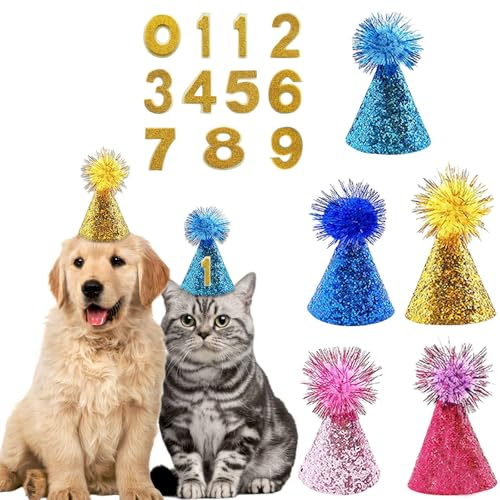 Sombrero de cumpleaños para perro, 5 sombreros de fiesta para perros y gatos con números dorados, mini sombrero para perro pequeño, suministros de fiesta de cumpleaños para vacaciones, boda,