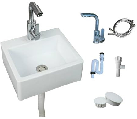 TYTFTDLD Weißes Kunststoff gebogenes quadratisches Waschbecken mit vier Ecken Badezimmer Waschbecken mit wandhängendem einschließlich Legierungshahn und Wasserrohr 33.5 * 29 * 13cm[schief]