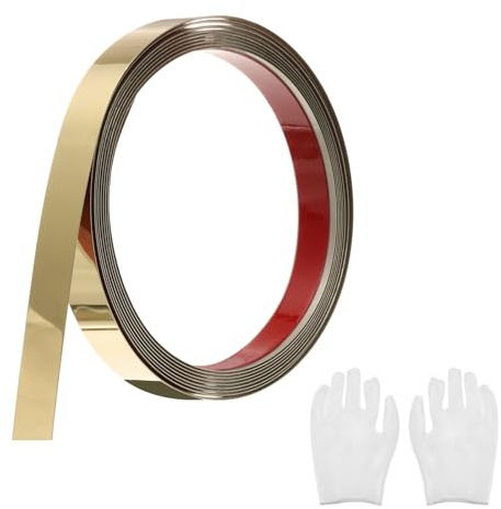 QUARKZMAN Baguette de Moulure Auto-Adhésive en Acier Inoxydable, Dorée Miroir, à Coller, avec Gants, Moulure Décorative pour Miroir Mural, 0,6 x 9,8 Pieds