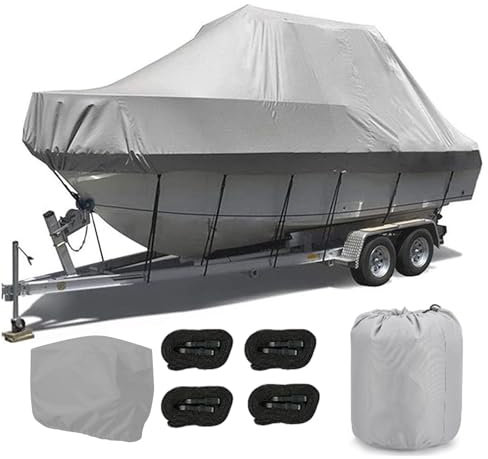 Gycdwjh Housses pour Bateaux, Housse de Bateau Imperméable Tissu Oxford 420D avec Revêtement Argenté Con Couvert de Moteur Convient À V-Hull, Tri-Hull, Fishing Ski Boat,Gris,19~21FT~V