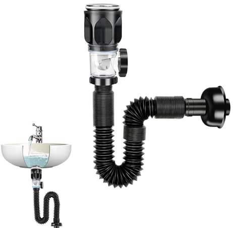 Lavabo desagüe con rebosadero, tubo de desagüe para lavabo, válvula de drenaje, sifón flexible, color negro, tubo de desagüe de PVC para cocina, fregadero y baño