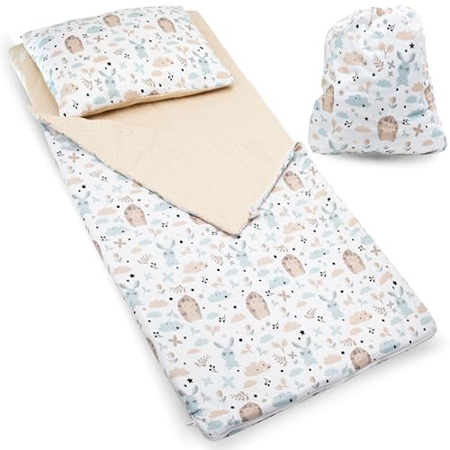PinkZebra Schlafsack Kinder 140 x 75 cm + Kissenbezug 60 x 40 cm & Beutel, Indoor für Kindertagesstätte Kindergarten Deckenschlafsack, (bis 135 cm Kindergröße), Öko-Tex, Igel