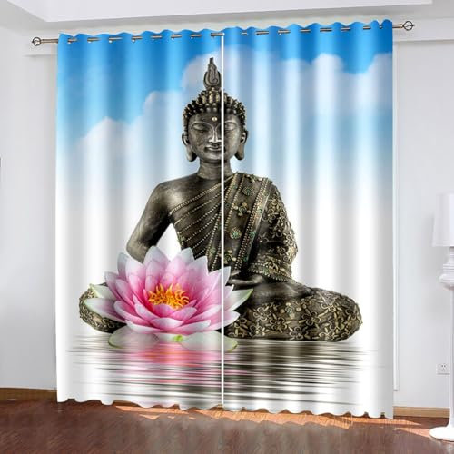 Gardinen Vorhänge mit Ösen, Lotus Vorhänge Wohnzimmer Modern 2er Set, Vorhang Schlafzimmer Transparent mit Blume Buddha, Vorhang Kinderzimmer Küchengardinen 150 x 166 cm (B x H)
