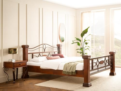 Woodkings Holzbett Byzanz 140x200 Massivholz Braun | Bett mit Metallgestell, Doppelbett Pfosten, Schlafzimmer Möbel, rustikal