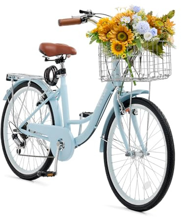 VEVOR Vélo croiseur, 7 vitesses, vélo de plage bleu clair de 660,4 mm, avec panier de grande capacité, porte-bagages arrière et siège réglable, sécurisé et robuste, pour cyclisme, exercice et shopping