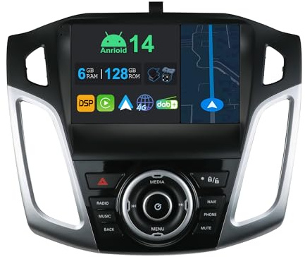 YUNTX 9 Zoll Android 14 Autoradio mit Ford Focus 2011-2019| Octa Core | 6GB 128GB | Eingebaut 4G LTE | CarPlay&Android Auto | DSP | DAB | HDMI | Dual Band WiFi | Bluetooth