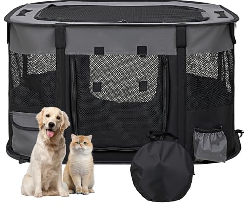 The Fellie Foldable Dog Play Pen, Portable Dog Pen, Soft Cat Playpen for Indoor/Outdoor, Small Cat Cage with Mesh Panels for Puppy Carrier, Grey, 71 * 56 * 46CM