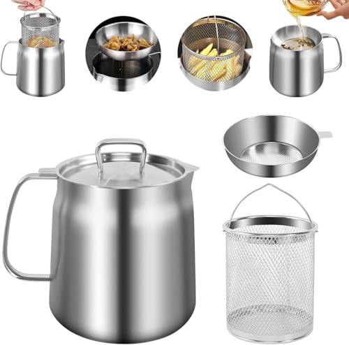 Pot de filtre à huile en acier inoxydable 304 avec panier filtrant et maille, friture et graisse de cuisson pour cuisinière à gaz et cuisinière en céramique (1,5 l)