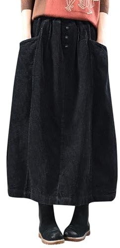Generisch 2025 Jupe Femme Hiver Velours Côtelé Femmes Midi Jupe Longue Femme Taille Élastique Jupe Plissée A-line Sac à Bandoulière, Noir , XL