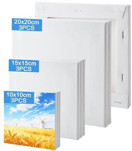 jwtyu Leinwand zum Bemalen 9 Stück Keilrahmen 280g/m² Leinwände zum Bemalen Reine Baumwolle Canvas 10x10,15x15,20x20cm Leinwand Set für Aquarell Acryl Ölmalerei usw