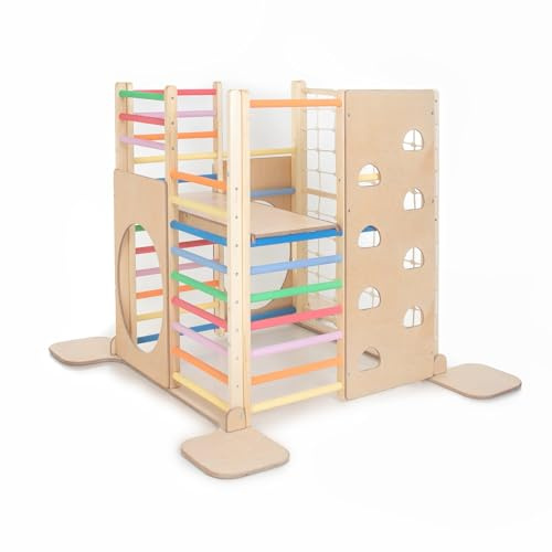 HOMEforDREAMS Torre da arrampicata in legno per bambini – Mobili da gioco indoor ispirati Montessori, struttura da arrampicata quadrata (arcobaleno)