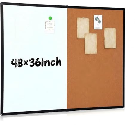 Maitys 48x36 Inch Magnetic Whiteboard and Cork Bulletin Board Combo, Foldable Wall Mounted Half Dry Erase and Cork Combination Board with Black Frame for Office, Classroom, Conference Room