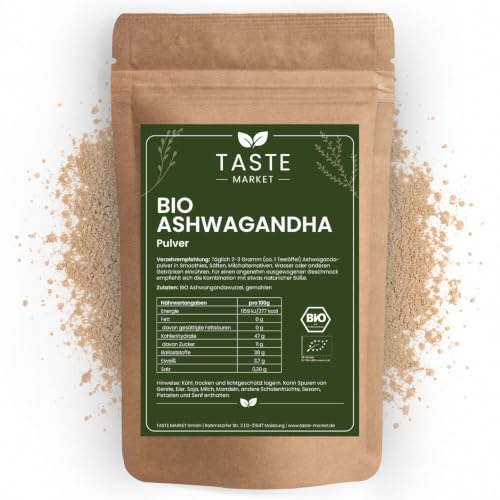 Ashwagandha Pulver BIO 1 kg Ashwagandawurzel fein gemahlen 100% naturrein – für Smoothies, Säfte, Milch Taste Market