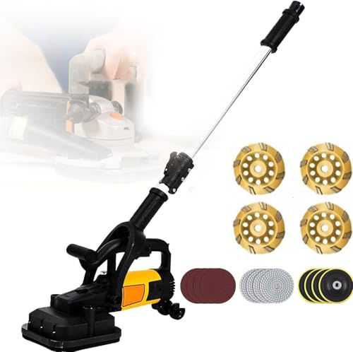 Levigatrice per pareti di cemento, smerigliatrice portatile per pavimenti con asta di prolunga, 3 tipi di dischi abrasivi, 4 teste di rettifica per una finitura efficiente del calcestruzzo di