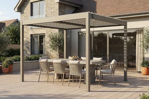 CAZEBOO Pergola Bioclimatique Autoportée Piana 3x2,5 m Aluminium Taupe - Lames Orientables 0 à 110° Acier - Structure 4 Poteaux 90x90 mm - Résistance Vent 70 km/h - Manivelle Incluse