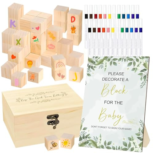 Cioquli 78 Stück Babyparty Spiele Set, Kreative Bauklötze Bemalen Babyparty, DIY Baby Shower Dekoration Aktivität mit 52 holzblöcken, 24 Acrylstiften, 1 Holzschild und 1 Holzbox für Junge Mädchen