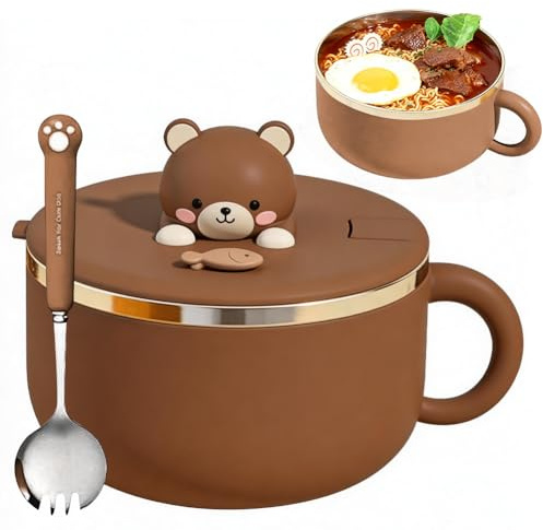 Ramen - Cuenco con tapa (1200 ml, para fideos instantáneos, ramen con tenedor, aislamiento térmico, sello para sopa, fideos, ensaladas de albóndigas, color marrón)