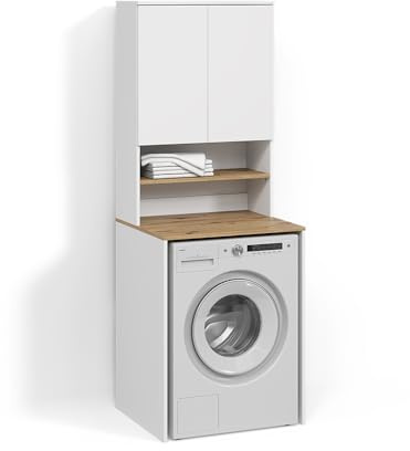 Livinity Armario para Lavadora Paolina, Blanco/Artesano, 68 x 88.2 cm 2 Partes con estanteEspacio de Almacenamiento Adicional Encima del Aparato para detergente y Accesorios