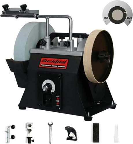 BUCKTOOL Touret à meuler d’établi 250 mm à vitesse variable avec meule à eau, 90–160 tr/min, rotation dans les deux sens, système d’affûtage humide et à sec refroidi par eau, grain 220, SCM8103