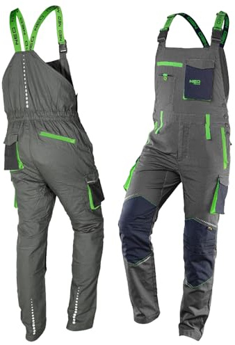 NEO TOOLS Herren Premium Arbeits-Latzhose, 100% Baumwolle 210 g/m2, Ripstop | Gr. XS-3XL, Kniebereich mit Cordura verstärkt, Elastischer Gummibund und Hosenträger, Reflektierende Elemente