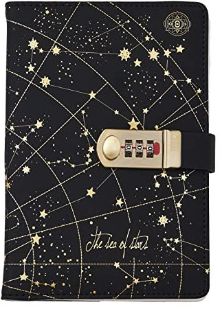 LinYesh PU Leather Binder Notebook with Lock, Stars Combination Lock Journal, A5 Personal Writing Diary, Gifts for Kids Women Men