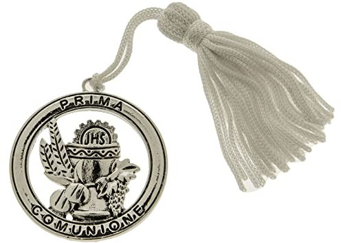 Ingrosso e Risparmio Lot de 12 pendentifs en zamak ronds avec calice et hostie avec pompons blancs, petites bonbonnières première communion