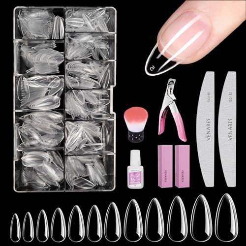 Künstliche Nägel Tips für Gelnägel Mandelform, Venares 500 Stück Soft Gel Nagel Tips Set 12 Größen Soft Gel Tips Nägel, Nageltips Mandel mit Kleber Nägel Feilen Puffer Block Nagelbürste Nagelknipser