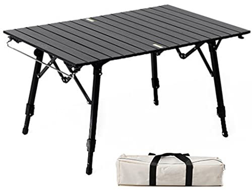 Aluminium-Rolltop-Campingtisch mit Aufbewahrungstasche, Camping, Essen im Freien, faltbar, höhenverstellbar, Picknick, leicht, für Reisen, Partys, Campingmöbel (Farbe: Schwarz)