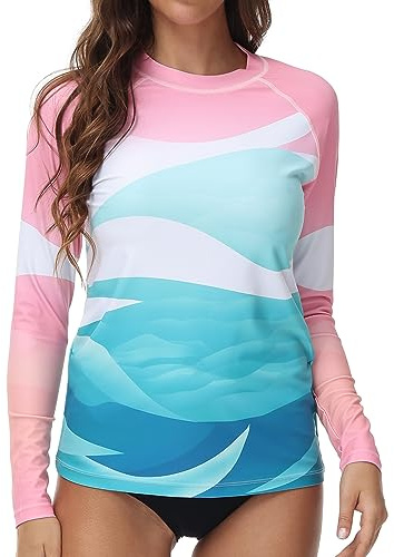 VAYAGER Dam Rash Guard UV-skydd långärmad utslag väst simtröjor snabbtorkande UPF 50+ vatten strand surfing simning toppar, Rosa-Blå, L