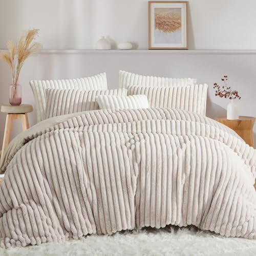 Tospass Stripe Housse de Couette Flanelle 200x200 2 Personnes Adulte Polaire Fausse Fourrure Hiver Chaude Beige Parure de Lit Réversible Velours avec Fermeture Éclair avec 2 Taies d'oreiller 65x65 cm