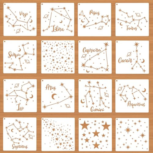 16stk Stern Schablonen Malen, 13cm Wiederverwendbar Schablone Sternbilder Rechteckig Airbrush Schablone zum Malen auf Holz Kunsthandwerk Kuchen Papier Stein Schilder Stoff Metall