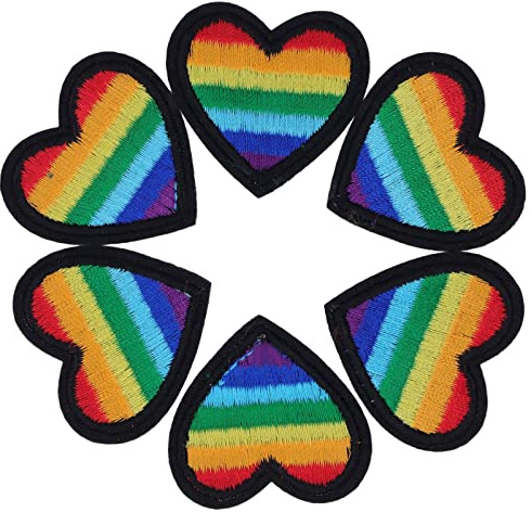 6 Stück Regenbogen Herz Aufnäher, 3.8×3.8cm Herz Applikationen zum Aufbügeln für DIY Nähen, Stickerei, Rucksack, Dekoration, Kunsthandwerk(Schwarz)