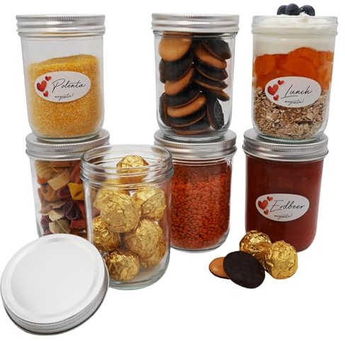 megusta!® Uppsättning med 6 konserveringsburkar 480 ml | lock silverfärgade | syltburkar förvaringsburkar masonburkar | Mealprep fermentering | bakning + frysning | + 12 etiketter