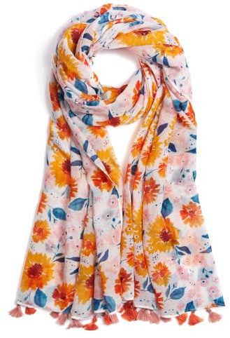 QIUTIMIY Schals für Damen Dünn Blumenmuster Bunte Schals und Tücher Halstuch mit Quasten für Frühling Sommerschal(Blume-Orange Pink)