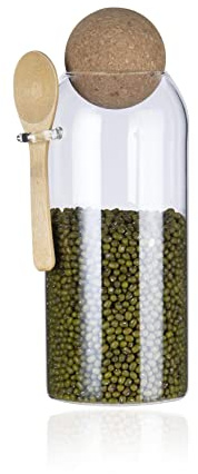 Eden & Willow Clear Glass Kitchen Jar with Cork Ball Lid and Bamboo Spoon | BPA-Free Mason Canister for Coffee, Beans, Spices, Dry Foods (1, 1.2L)