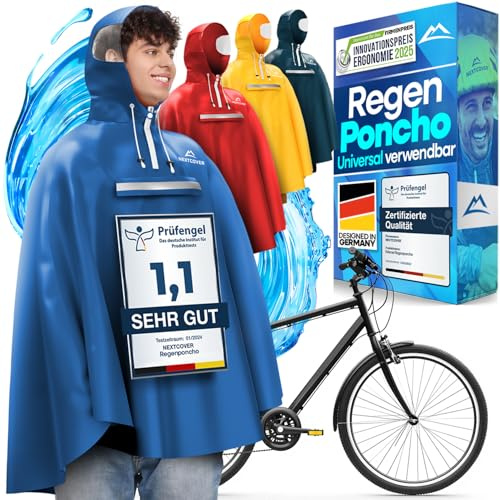 NEXTCOVER Ny regnponcho cykel för kvinnor och män – med [AquaShield 2.0] teknik I regnponcho vandring, cykel regncape, ängel poncho, regnponcho män, regncape dam vattentät cykel, blå, M