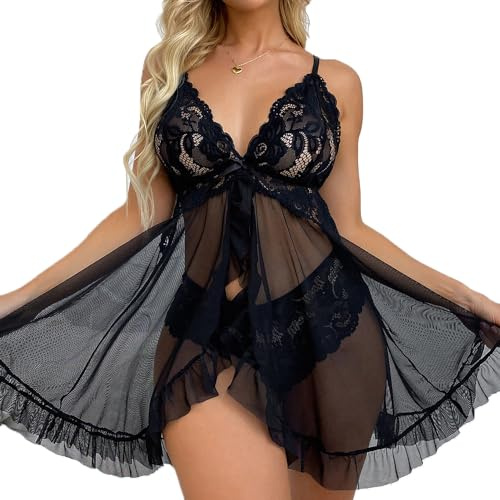 FFWTPY Lingerie Sexy Nuisette Femme Décolleté V Chemise de Nuit Tulle Ensemble de Lingerie en Dentelle Bretelles Reglables Babydoll avec G-String Robe de Nuit Femmes