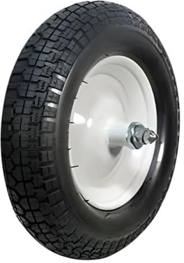 Ruota Carriola Pneumatica con Cerchio in Ferro e Cuscinetti a Sfera, Battistrada Scolpito - Ruote di Ricambio per Carriole. (mozzo mm 150 - asse lungo mm 210)