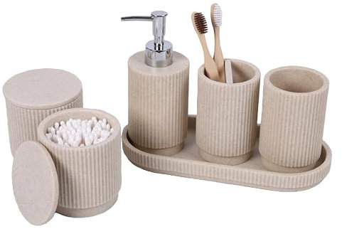 Sapisecret Ensemble Salle de Bain 6 Pièces –Distributeur de Savon +Gobelet à Dent avec Plateau & Boîte à Coton – Design Rayures (Beige), Résine Haut de Gamme –Incl. Porte-Brosse à Dents & Organisateur